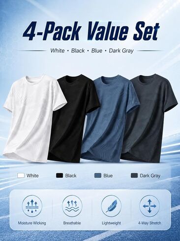 4 Pack Men's Running T-Shirt Multi-Pack, Athletic Shirts for Gym and Fitness, Ice Silk Cooling, Short Sleeve Sports Tops in Kuwait