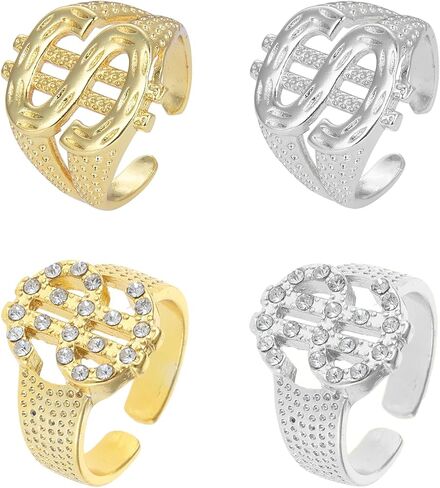 4 pcs Dollar Signet Ring, Gold Silver Hip Hop Rap Punk Ring with Adjustable Opening and Crystal Dollar Signet in Saudi Arabia