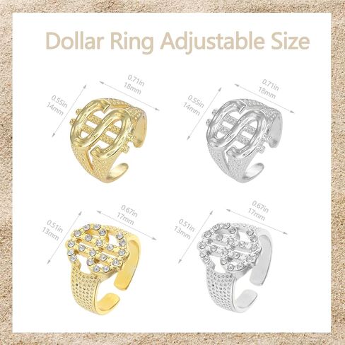 4 pcs Dollar Signet Ring, Gold Silver Hip Hop Rap Punk Ring with Adjustable Opening and Crystal Dollar Signet in Saudi Arabia