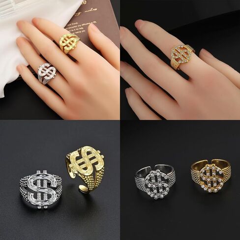 4 pcs Dollar Signet Ring, Gold Silver Hip Hop Rap Punk Ring with Adjustable Opening and Crystal Dollar Signet in Saudi Arabia