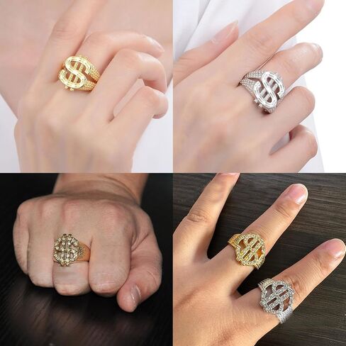 4 pcs Dollar Signet Ring, Gold Silver Hip Hop Rap Punk Ring with Adjustable Opening and Crystal Dollar Signet in Saudi Arabia
