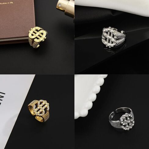 4 pcs Dollar Signet Ring, Gold Silver Hip Hop Rap Punk Ring with Adjustable Opening and Crystal Dollar Signet in Saudi Arabia