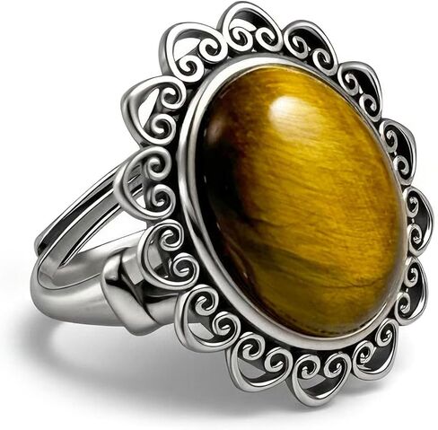 Natural Stone Rings for Women & Men, Black Obsidian & Tigers Eye Adjustable Chunky Jewelry with Intricate Filigree Setting, Gothic Boho Vintage Statement Rings in Kuwait