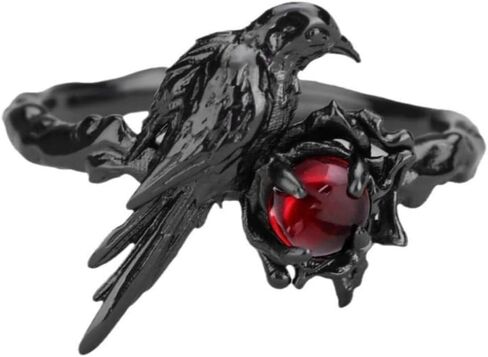 Gothic Crow Adjustable Ring with Red Zircon – Black Alloy Cosplay Jewelry for Costume Events,Unisex Design in Kuwait