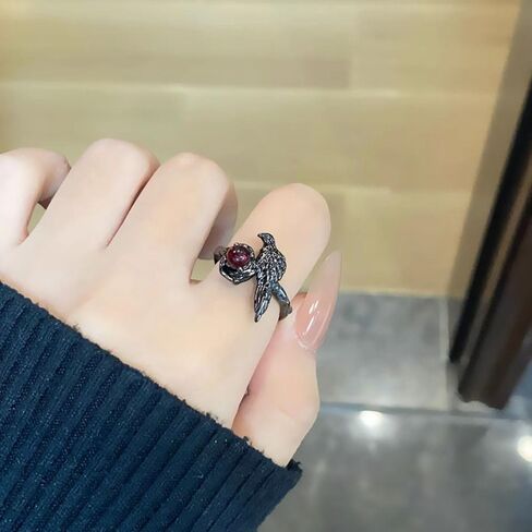 Gothic Crow Adjustable Ring with Red Zircon – Black Alloy Cosplay Jewelry for Costume Events,Unisex Design in Kuwait