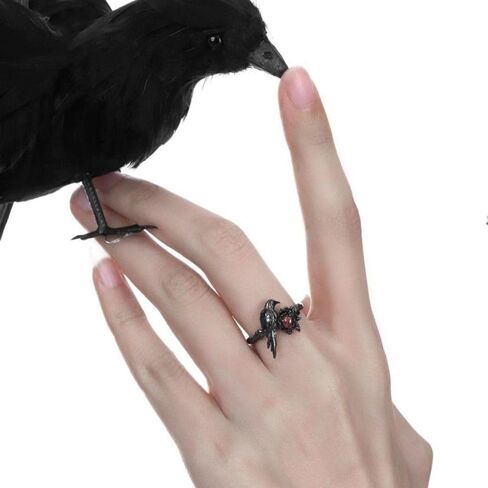 Gothic Crow Adjustable Ring with Red Zircon – Black Alloy Cosplay Jewelry for Costume Events,Unisex Design in Kuwait