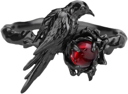 Gothic Crow Adjustable Ring with Red Zircon – Black Alloy Cosplay Jewelry for Costume Events,Unisex Design in Kuwait