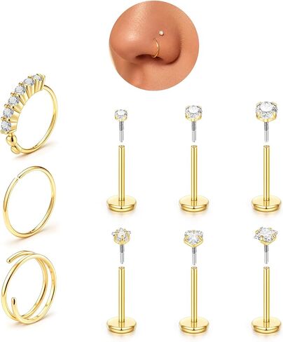 Nose Rings Studs for Women Men, 20G 18G 14K Gold Silver Hypoallergenic Surgical Stainless Steel Nose Rings CZ Heart Star Internally Threaded Nose Stud Flat Back Earrings Tragus Helix Piercing Jewelry in Saudi Arabia