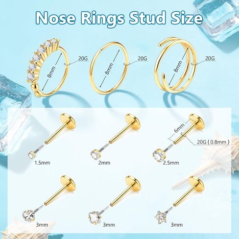 Nose Rings Studs for Women Men, 20G 18G 14K Gold Silver Hypoallergenic Surgical Stainless Steel Nose Rings CZ Heart Star Internally Threaded Nose Stud Flat Back Earrings Tragus Helix Piercing Jewelry in Saudi Arabia