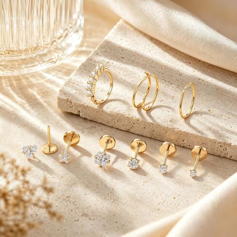 Nose Rings Studs for Women Men, 20G 18G 14K Gold Silver Hypoallergenic Surgical Stainless Steel Nose Rings CZ Heart Star Internally Threaded Nose Stud Flat Back Earrings Tragus Helix Piercing Jewelry in Saudi Arabia