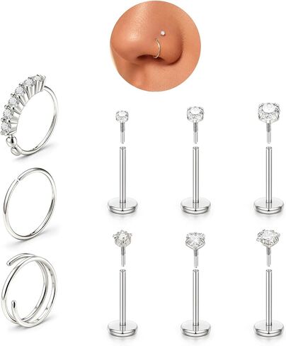 Nose Rings Studs for Women Men, 20G 18G 14K Gold Silver Hypoallergenic Surgical Stainless Steel Nose Rings CZ Heart Star Internally Threaded Nose Stud Flat Back Earrings Tragus Helix Piercing Jewelry in Saudi Arabia