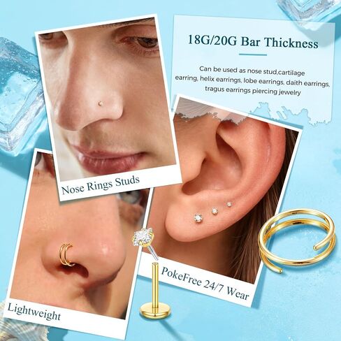 Nose Rings Studs for Women Men, 20G 18G 14K Gold Silver Hypoallergenic Surgical Stainless Steel Nose Rings CZ Heart Star Internally Threaded Nose Stud Flat Back Earrings Tragus Helix Piercing Jewelry in Saudi Arabia
