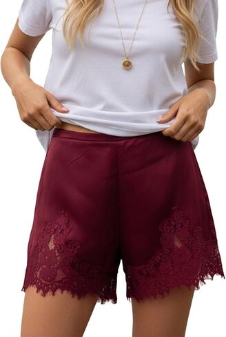 Women Lace Trim Satin Shorts Summer Fashionable Solid Color Elastic Waist Shorts in Saudi Arabia