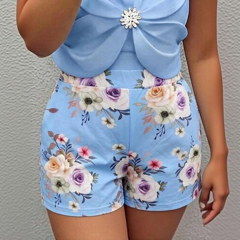 Blue Floral Print High Waist Shorts for Women Summer Casual Beach Vacation Boho Style Bottoms in Kuwait