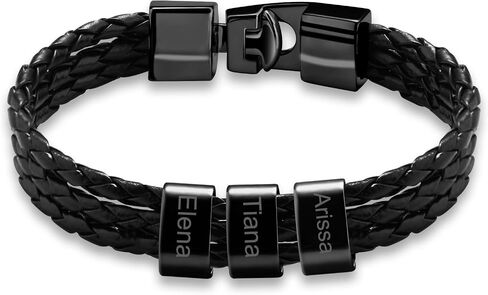 Personalized Bracelets for Men Braided Leather with 1-8 Beads Engraved Names,Custom Gift for Father's Day, Anniversary, Birthday in Saudi Arabia