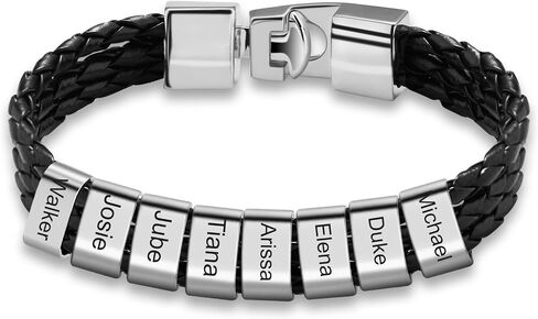 Personalized Bracelets for Men Braided Leather with 1-8 Beads Engraved Names,Custom Gift for Father's Day, Anniversary, Birthday in Saudi Arabia