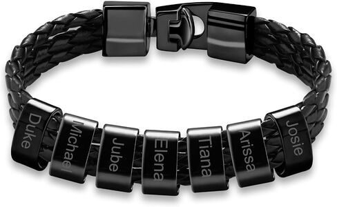 Personalized Bracelets for Men Braided Leather with 1-8 Beads Engraved Names,Custom Gift for Father's Day, Anniversary, Birthday in Saudi Arabia