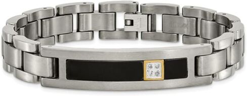 Men’s Titanium Link Bracelet with 14k White Gold, Black Onyx & Diamond Accent (.05 CTW), 8 Inch Brushed Titanium Bracelet, Hypoallergenic Durable Jewelry Gift for Him in Saudi Arabia