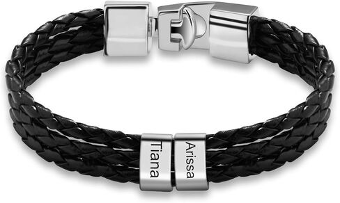 Personalized Bracelets for Men Braided Leather with 1-8 Beads Engraved Names,Custom Gift for Father's Day, Anniversary, Birthday in Saudi Arabia