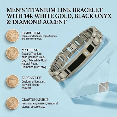 Men’s Titanium Link Bracelet with 14k White Gold, Black Onyx & Diamond Accent (.05 CTW), 8 Inch Brushed Titanium Bracelet, Hypoallergenic Durable Jewelry Gift for Him in Saudi Arabia