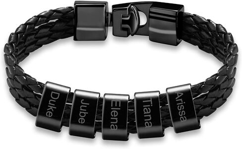 Personalized Bracelets for Men Braided Leather with 1-8 Beads Engraved Names,Custom Gift for Father's Day, Anniversary, Birthday in Saudi Arabia