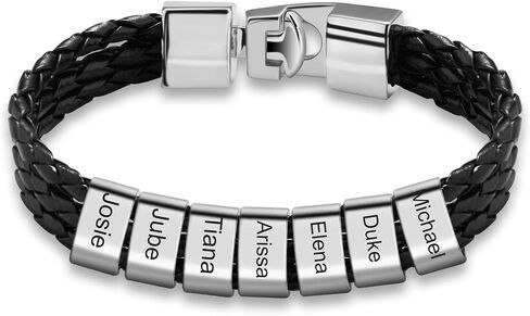 Personalized Bracelets for Men Braided Leather with 1-8 Beads Engraved Names,Custom Gift for Father's Day, Anniversary, Birthday in Saudi Arabia