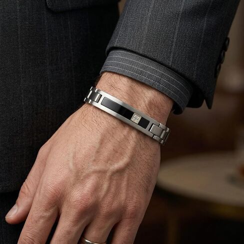 Men’s Titanium Link Bracelet with 14k White Gold, Black Onyx & Diamond Accent (.05 CTW), 8 Inch Brushed Titanium Bracelet, Hypoallergenic Durable Jewelry Gift for Him in Saudi Arabia