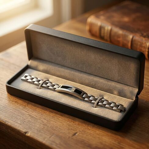 Men’s Titanium Link Bracelet with 14k White Gold, Black Onyx & Diamond Accent (.05 CTW), 8 Inch Brushed Titanium Bracelet, Hypoallergenic Durable Jewelry Gift for Him in Saudi Arabia