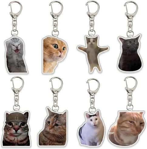 8Pcs Cute Cat Meme Keychains, Funny Two Cats Talking Acrylic Keyring Set, Kawaii Animal Charm Keychain for Women, Kids, Friends - Perfect Birthday & Holiday Gift in Saudi Arabia