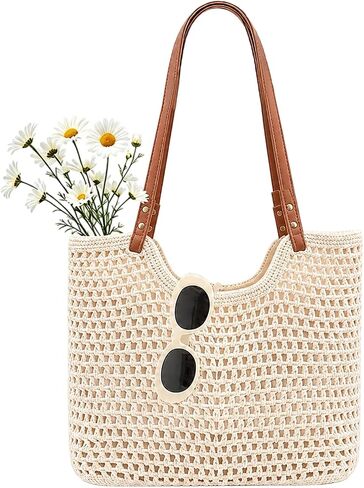 Crochet Beach Bag for Women, Large Woven Shoulder Tote with Zipper Closure & Leak-Proof Lining, Boho Summer Purse for Vacation, Travel, Pool, Shopping & Everyday Use in Saudi Arabia