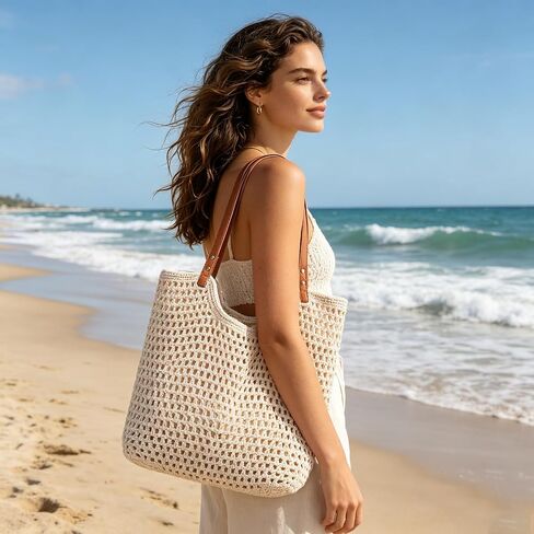 Crochet Beach Bag for Women, Large Woven Shoulder Tote with Zipper Closure & Leak-Proof Lining, Boho Summer Purse for Vacation, Travel, Pool, Shopping & Everyday Use in Saudi Arabia