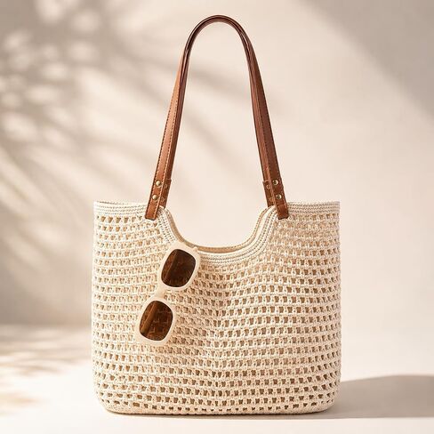 Crochet Beach Bag for Women, Large Woven Shoulder Tote with Zipper Closure & Leak-Proof Lining, Boho Summer Purse for Vacation, Travel, Pool, Shopping & Everyday Use in Saudi Arabia