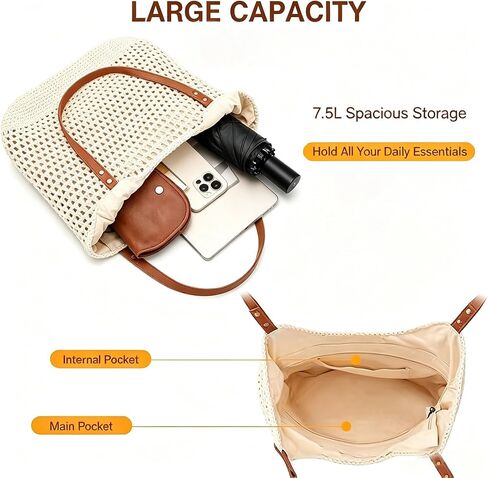 Crochet Beach Bag for Women, Large Woven Shoulder Tote with Zipper Closure & Leak-Proof Lining, Boho Summer Purse for Vacation, Travel, Pool, Shopping & Everyday Use in Saudi Arabia