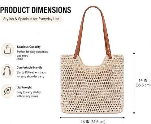 Crochet Beach Bag for Women, Large Woven Shoulder Tote with Zipper Closure & Leak-Proof Lining, Boho Summer Purse for Vacation, Travel, Pool, Shopping & Everyday Use in Saudi Arabia