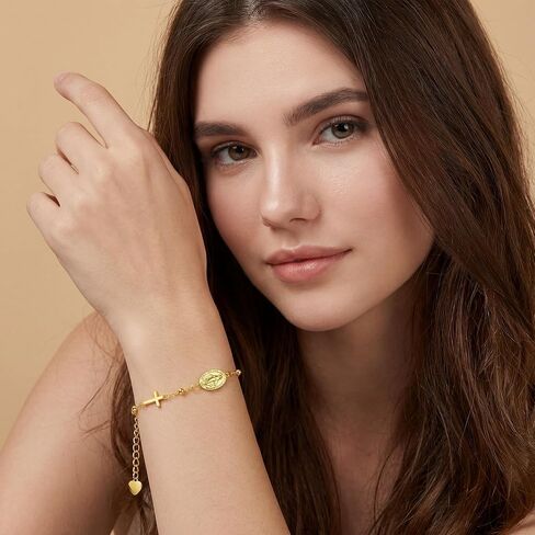 Gold Bracelets for Women 14K Gold Bracelets for Women Beaded Bracelet for Womens Polished Beads Delicate Cross and Petite Virgin Mary Charm Gold Cross Bracelet for Womens in Kuwait