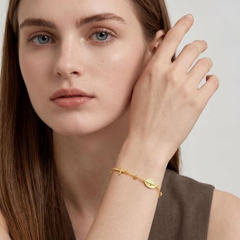 Gold Bracelets for Women 14K Gold Bracelets for Women Beaded Bracelet for Womens Polished Beads Delicate Cross and Petite Virgin Mary Charm Gold Cross Bracelet for Womens in Kuwait