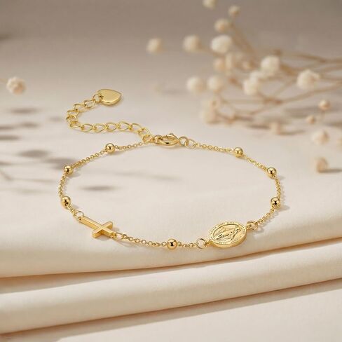 Gold Bracelets for Women 14K Gold Bracelets for Women Beaded Bracelet for Womens Polished Beads Delicate Cross and Petite Virgin Mary Charm Gold Cross Bracelet for Womens in Kuwait
