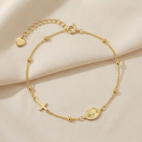 Gold Bracelets for Women 14K Gold Bracelets for Women Beaded Bracelet for Womens Polished Beads Delicate Cross and Petite Virgin Mary Charm Gold Cross Bracelet for Womens in Kuwait