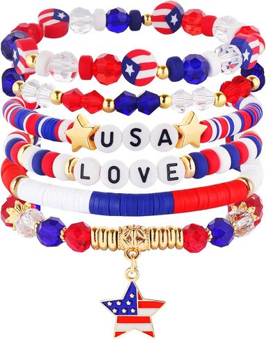 Mysense Patriotic Red White Blue Beaded Bracelets Set,4th of July Accessories for Women Girls Outfits,Stretch USA Flag Bracelets for Independence Day 250 Anniversary Memorial Day Veterans Day in Saudi Arabia