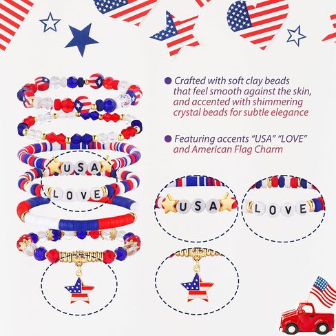 Mysense Patriotic Red White Blue Beaded Bracelets Set,4th of July Accessories for Women Girls Outfits,Stretch USA Flag Bracelets for Independence Day 250 Anniversary Memorial Day Veterans Day in Saudi Arabia