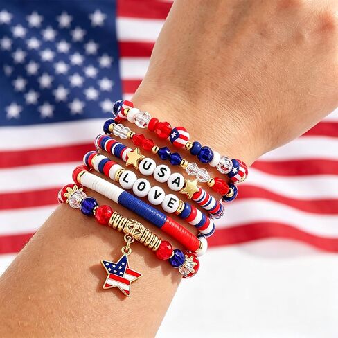 Mysense Patriotic Red White Blue Beaded Bracelets Set,4th of July Accessories for Women Girls Outfits,Stretch USA Flag Bracelets for Independence Day 250 Anniversary Memorial Day Veterans Day in Saudi Arabia