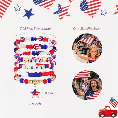 Mysense Patriotic Red White Blue Beaded Bracelets Set,4th of July Accessories for Women Girls Outfits,Stretch USA Flag Bracelets for Independence Day 250 Anniversary Memorial Day Veterans Day in Saudi Arabia