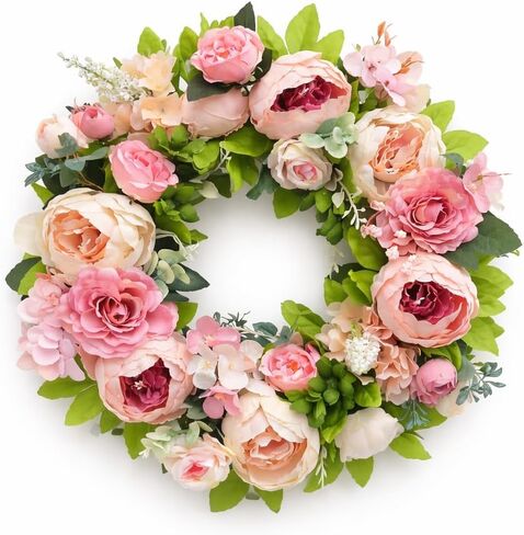 18" Wreath for Front Door – Green Rose Door Wreath, Realistic Plastic Floral Outdoor Wreath for Year-Round Home Decor and Porch Decoration in Saudi Arabia