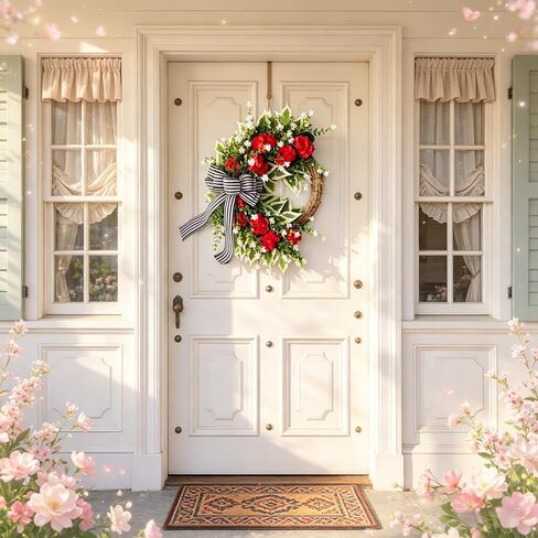 Red Geranium Wreath with Baby's Breath - Farmhouse Front Door Wreath, All Seasons Greenery Wreath for Porch, Window, Wall, Indoor/Outdoor Rustic Home Decor in Kuwait