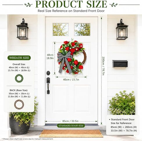 Red Geranium Wreath with Baby's Breath - Farmhouse Front Door Wreath, All Seasons Greenery Wreath for Porch, Window, Wall, Indoor/Outdoor Rustic Home Decor in Kuwait