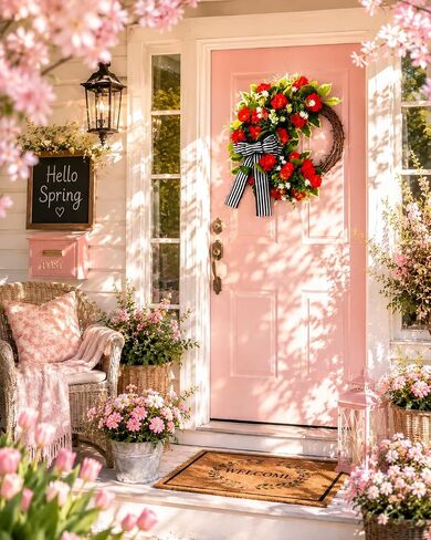 Red Geranium Wreath with Baby's Breath - Farmhouse Front Door Wreath, All Seasons Greenery Wreath for Porch, Window, Wall, Indoor/Outdoor Rustic Home Decor in Kuwait