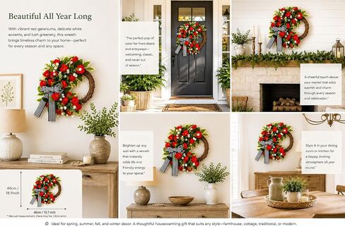 Red Geranium Wreath with Baby's Breath - Farmhouse Front Door Wreath, All Seasons Greenery Wreath for Porch, Window, Wall, Indoor/Outdoor Rustic Home Decor in Kuwait