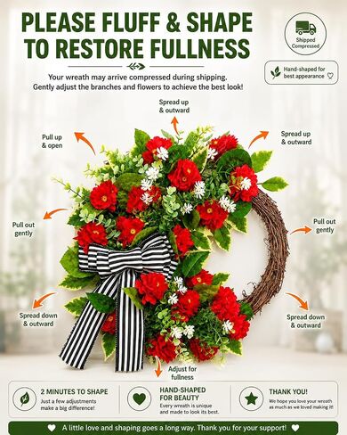 Red Geranium Wreath with Baby's Breath - Farmhouse Front Door Wreath, All Seasons Greenery Wreath for Porch, Window, Wall, Indoor/Outdoor Rustic Home Decor in Kuwait