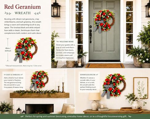 Red Geranium Wreath with Baby's Breath - Farmhouse Front Door Wreath, All Seasons Greenery Wreath for Porch, Window, Wall, Indoor/Outdoor Rustic Home Decor in Kuwait