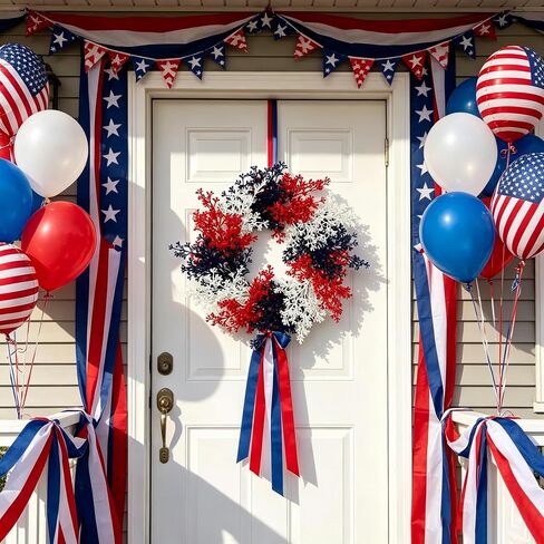 AMF0RESJ 4th of July Wreath Patriotic Wreath for Front Door Handcrafted Memorial Day Wreath 22 inch with red,White,Blue Branches for Front Door Farmhouse Home Wall Independence Day Decoration in Saudi Arabia